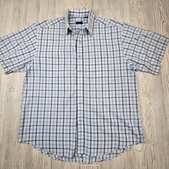 Van Heusen Shirt Mens Large Blue Plaid Short Sleeve Button Up Wrinkle Free - Picture 1 of 5